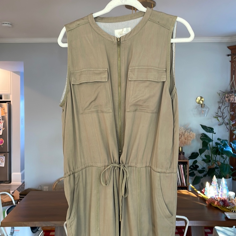 Anthropologie sleeveless army green jumpsuit, size Large